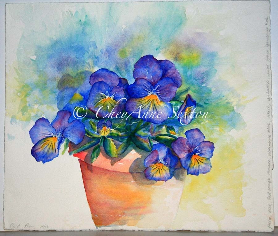 Viola Flowers Watercolor - Purple Pansies in Clay - Fine Art Home Decor - watercolor giclee print