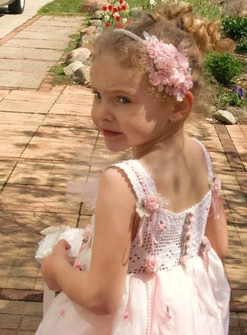 Flower Girl Dress  Pink and White Organza Vintage Crochet Bodice SZ 3/4