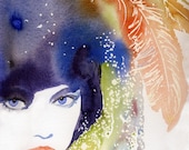 Print of original watercolour Fashion Illustration  11" x 17". Titled - Feathers.