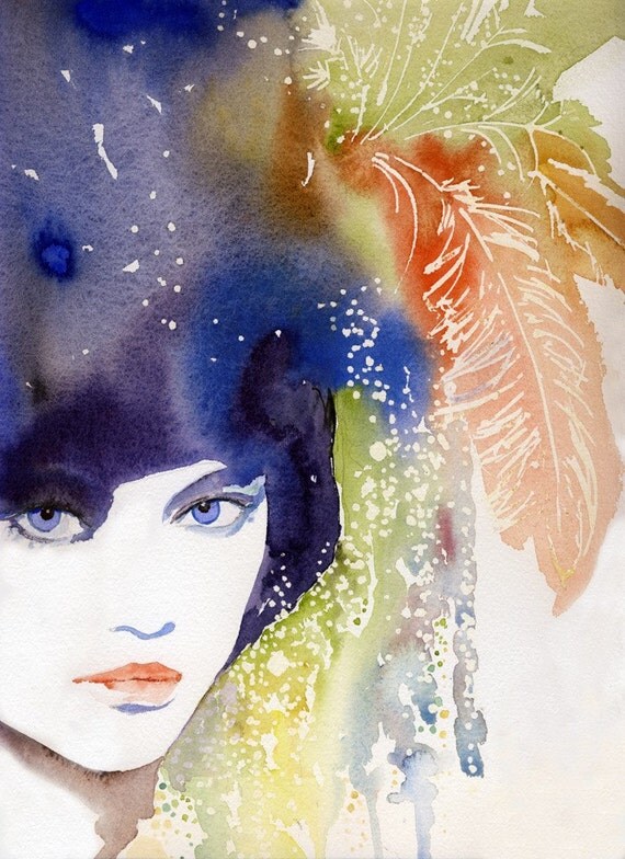 Print of original watercolour Fashion Illustration  13" x 19". Titled - Feathers.