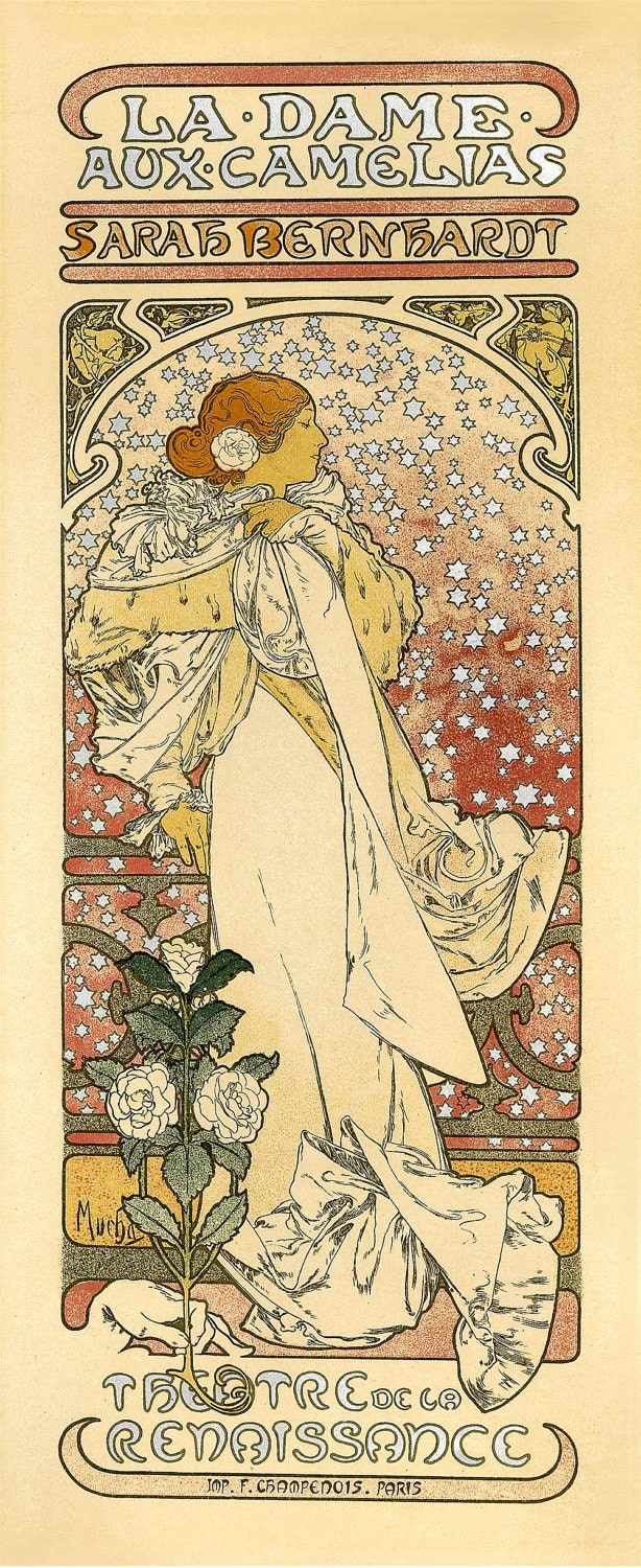7x17 Vintage French Advertisements Poster. Art nouveau. La Dame Aux Camelias Sarah Bernhard  By Alphonse Mucha - 210