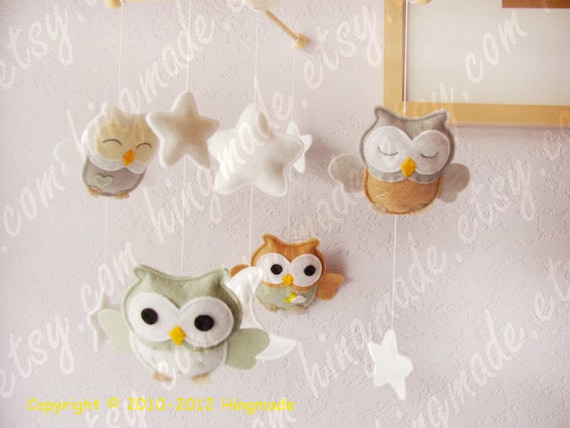 Baby Mobile - Owl Mobile - Nursery Mobile - Crib Mobile - Silver Gray Sage Green White Tan Soft theme (You can Choose your colors)