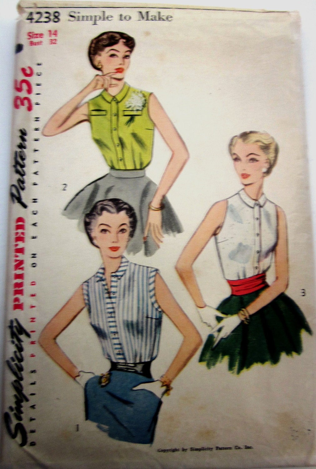 Vintage 1950s Simplicity 4238 Womens Blouse Pattern