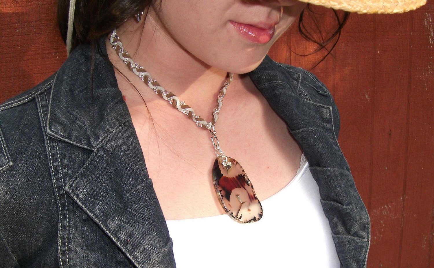 Rare Scenic Montana Agate Necklace in Suede and  Silver, Unisex, Wear Short or Long, Bay Looking Back, FREE SHIPPING