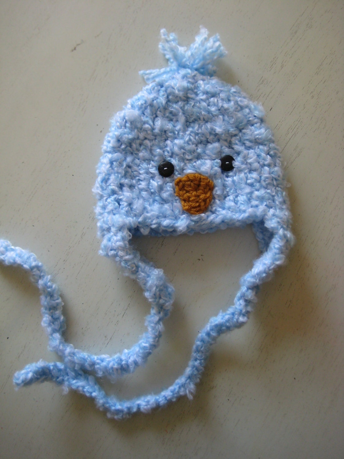 Baby Blue Bird Chick Hat--Extra long Earflaps and ties-Blue Soft & Fuzzy Crochet  Newborn Photo Prop