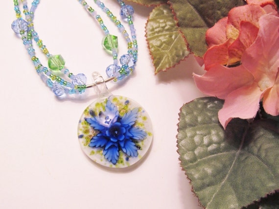 Memories of Summer Necklace II - Blue Glass Flower Pendant with Triple Strand Glass and Crystal Necklace