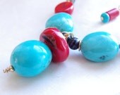 Coral Turquoise Necklace Chunky Beaded Red Coral Leather Black Sardonyx Natural Stone Gold Filled Rustic, Artisan Handmade Jewelry