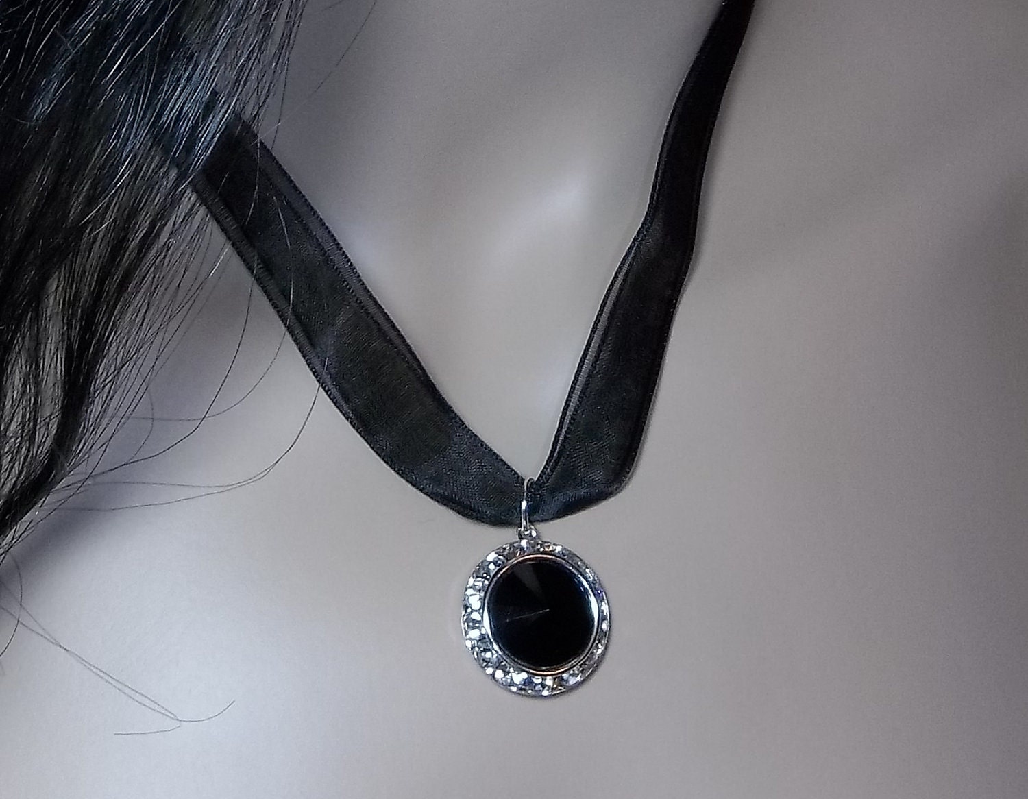 Swarovski Rivoli Pendent - Jet Black Crystal- Sparkling crystal Rivoli holder - Black Organza Necklace - Sterling Silver Clasp -
