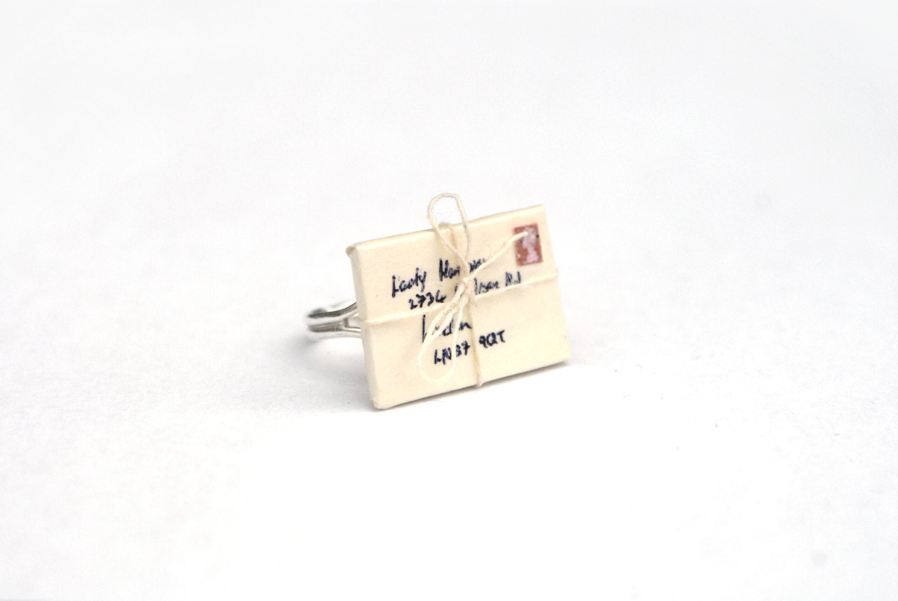 Letter Envelope Ring Tied With String, Snail Mail - Cream colour, whimsical