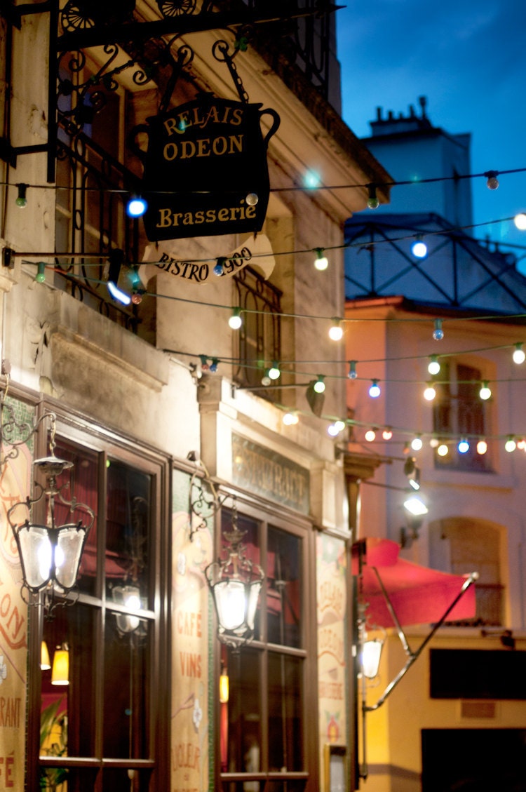 Paris Night Photo - The Odeon Bistro, Colorful Parisian Cafe at Night, Urban Home Decor