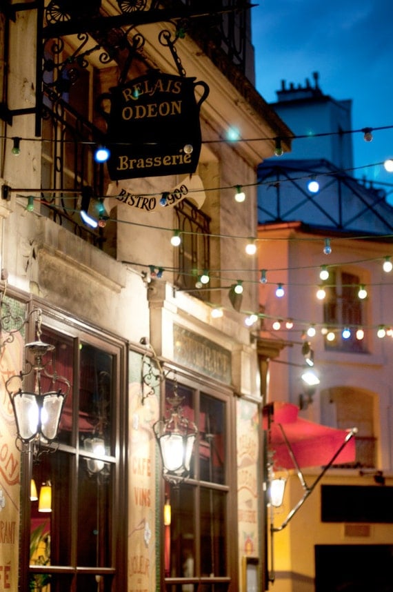 Paris Night Photo - The Odeon Bistro, Colorful Parisian Cafe at Night, Urban Home Decor