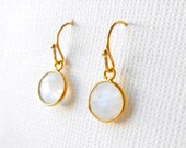 Moonstone Earrings, Gemstones Bezel Set in Gold Vermeil - Delicate Pretty White Round Framed Stone Jewelry