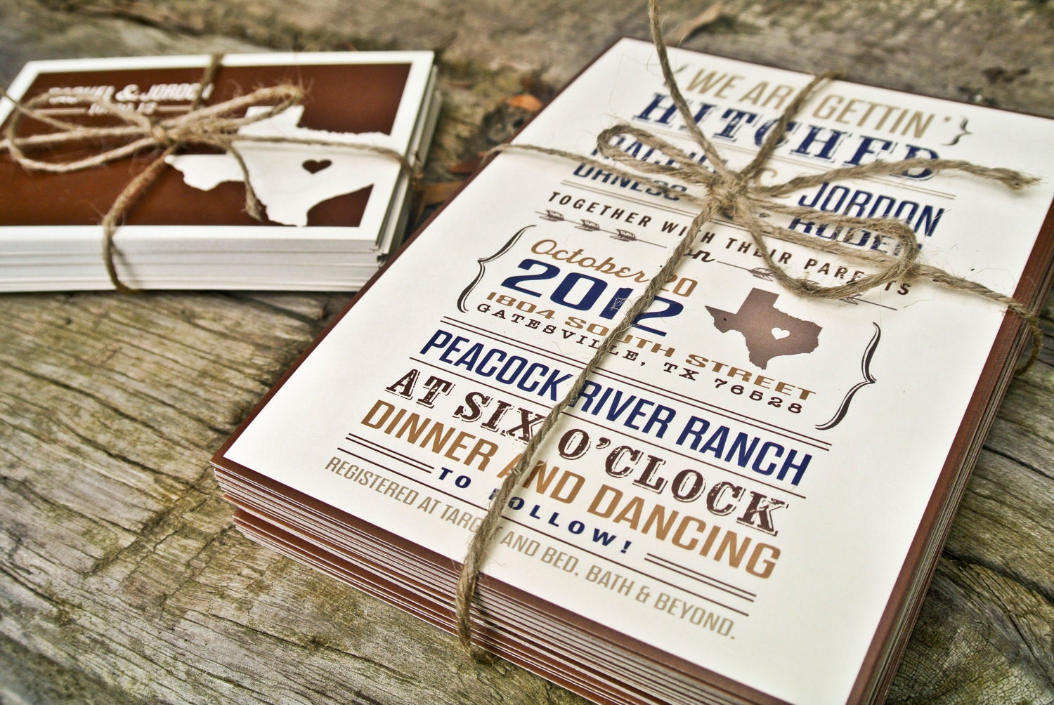 Wedding Invitation: Texas Rustic State - Browns and Navy