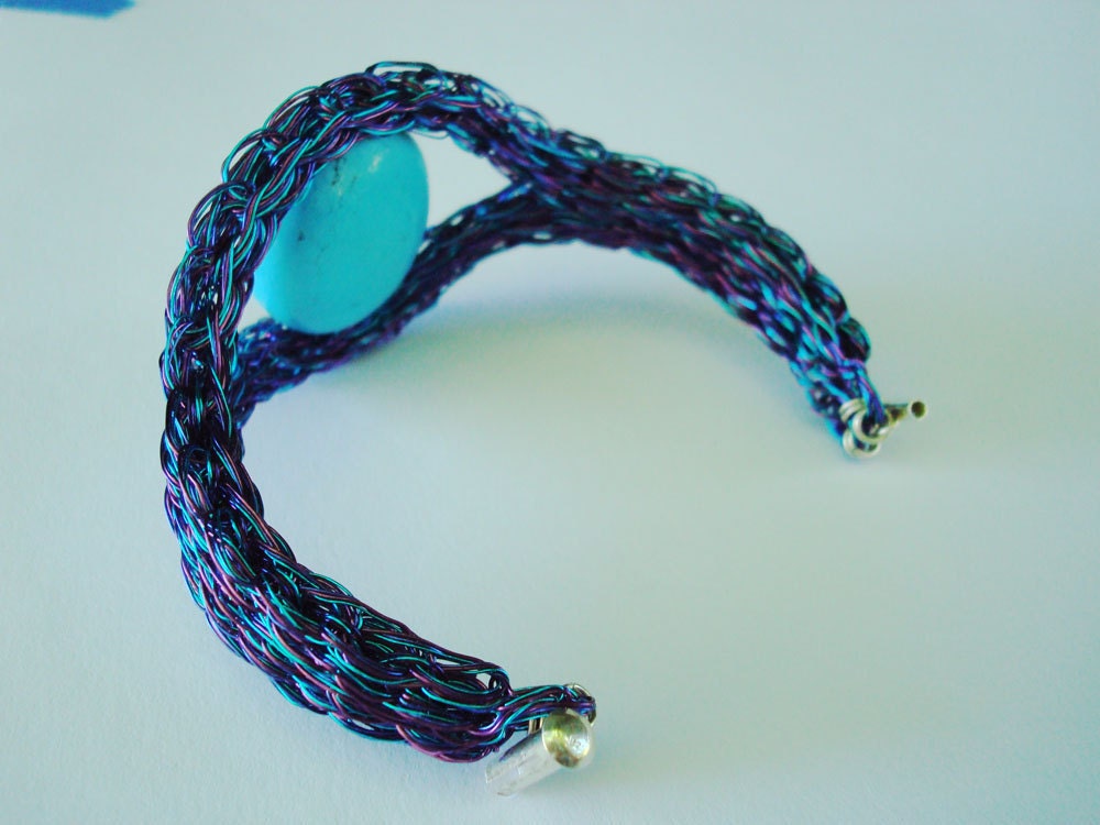 Crochet Wire Bracelet in 3 Color Tweed with Turquoise Stone