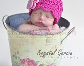 Baby Hat, Girls Hat, Crochet Hat, 0-3 Months Shell Beanie with Flowers -hot pink & pastel pink, Free US Shipping