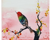 Warm Reflection - Art Print watercolor painting hummingbird pink cherry blossoms kitchen decoration home decor cottage Oladesign 8x10