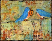 Wall Art Print Whimsical Bluebirds on a Wire 8X10 Lovelocks Couple Romantic