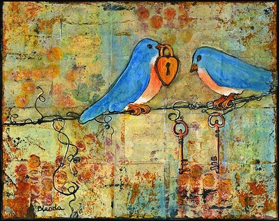 Wall Art Print Whimsical Bluebirds on a Wire 8X10 Lovelocks Couple Romantic