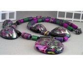 Handcrafted Necklace - Purple Green Floral Cane Bead No. 150