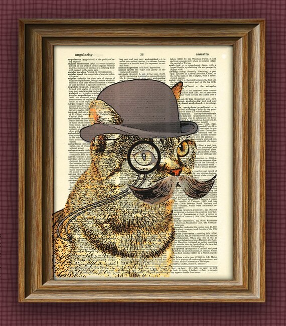 Wholesale lot o' Dandy CAT with fancy monocle and bushy mustache upcycled dictionary page book art Pack of 35 prints collage o rama