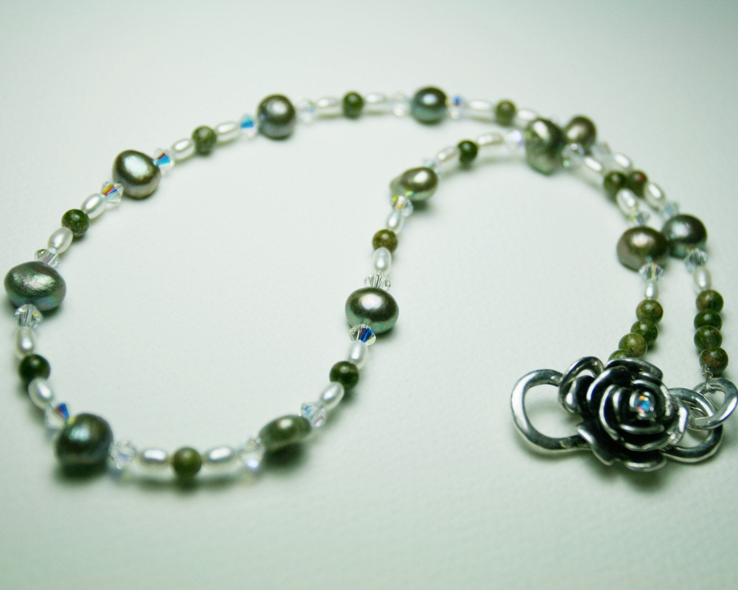 Sage Green and White Freshwater Pearl Necklace - Swarovski AB Crystals, Rose Clasp, Unakite - Lovely for Wedding, Bride - SRAJD