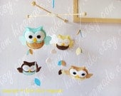 Owl Mobile - Baby Mobile - Kids Playroom Decor - Felt Mobile - Brown Turquoise Tan Yellow Owls in clouds and leaves (Custom color available)