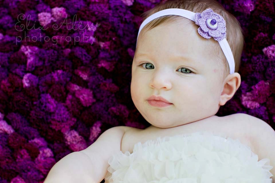 Lavender Crochet Flower Headband, White with Vintage Button and Purple Bead Center, 6 Month to 2 Year Size (Item 645)