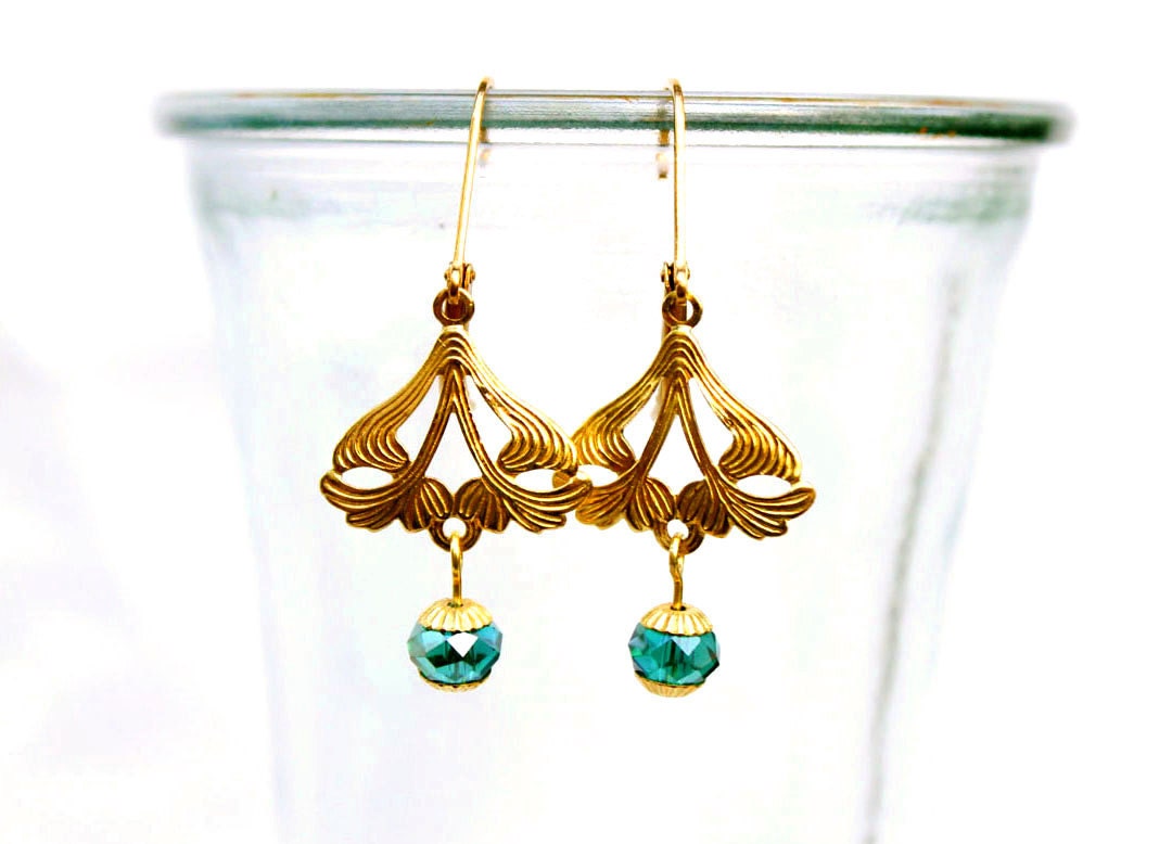 Art Nouveau Earrings with Aqua Green & Filigree