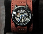 Men's Automatic Skeleton Watch - SALE - Worldwide Shipping - Steampunk Monaco Leather - USA Hand Made