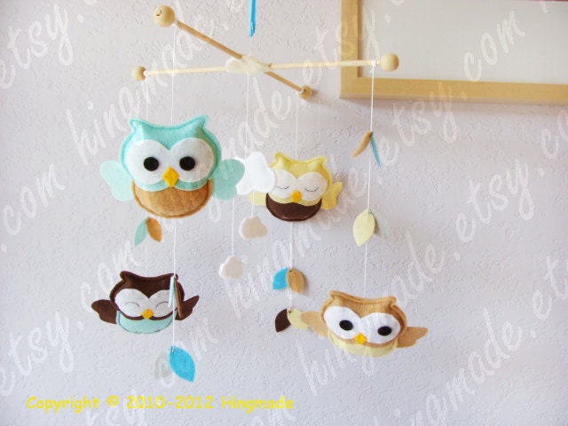 Owl Mobile - Baby Mobile - Kids Playroom Decor - Felt Mobile - Brown Turquoise Tan Yellow Owls in clouds and leaves (Custom color available)