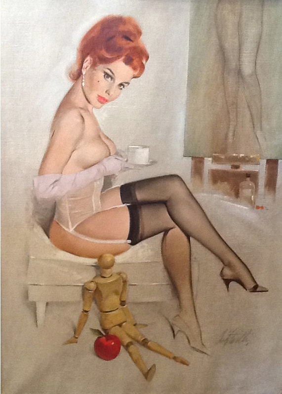 Rare Original FRITZ WILLIS PINUP Burlesque art for Calendar Pin-Up Stockings Lingerie like Elvgren