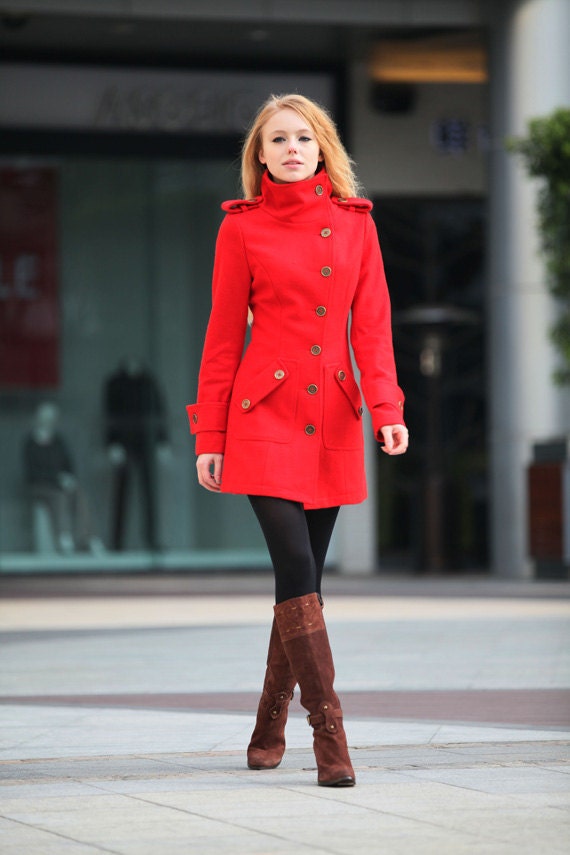 Red Cashmere Coat Fitted Military Style Wool Winter Coat Women Coat Long Jacket - NC258