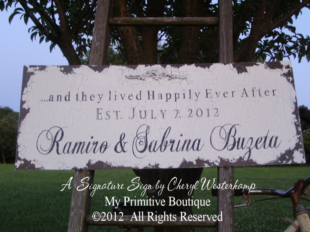 Vintage Wedding Sign, ...and they lived HAPPILY EVER AFTER SIgn, Personalized Wedding Sign, Custom Name Sign, 30x12, Shabby Chic Sign