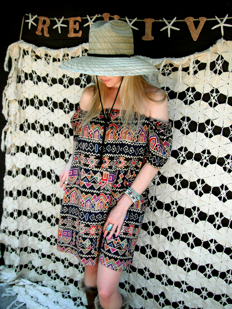SALE--REVIVAL OOAK Upcycled Boho Top/Shirt/Dress, Off the Shoulder, Aztec, Small to Medium, Recycled, Repurposed, Eco Friendly Clothing