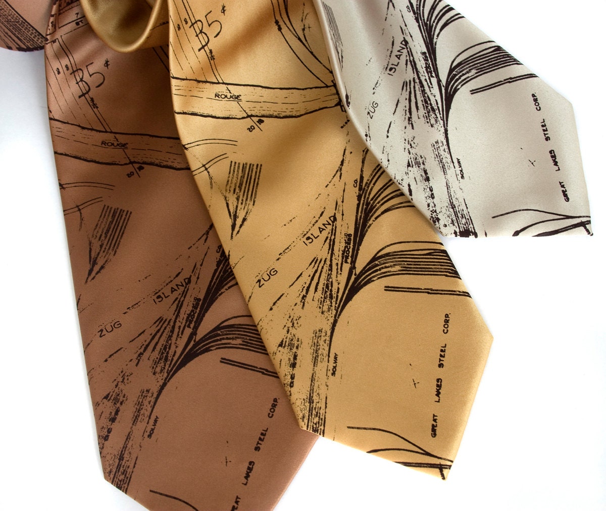 Zug Island & River Rouge. Detroit map silkscreen microfiber necktie, dark burgundy ink. Choose color and standard or narrow width.