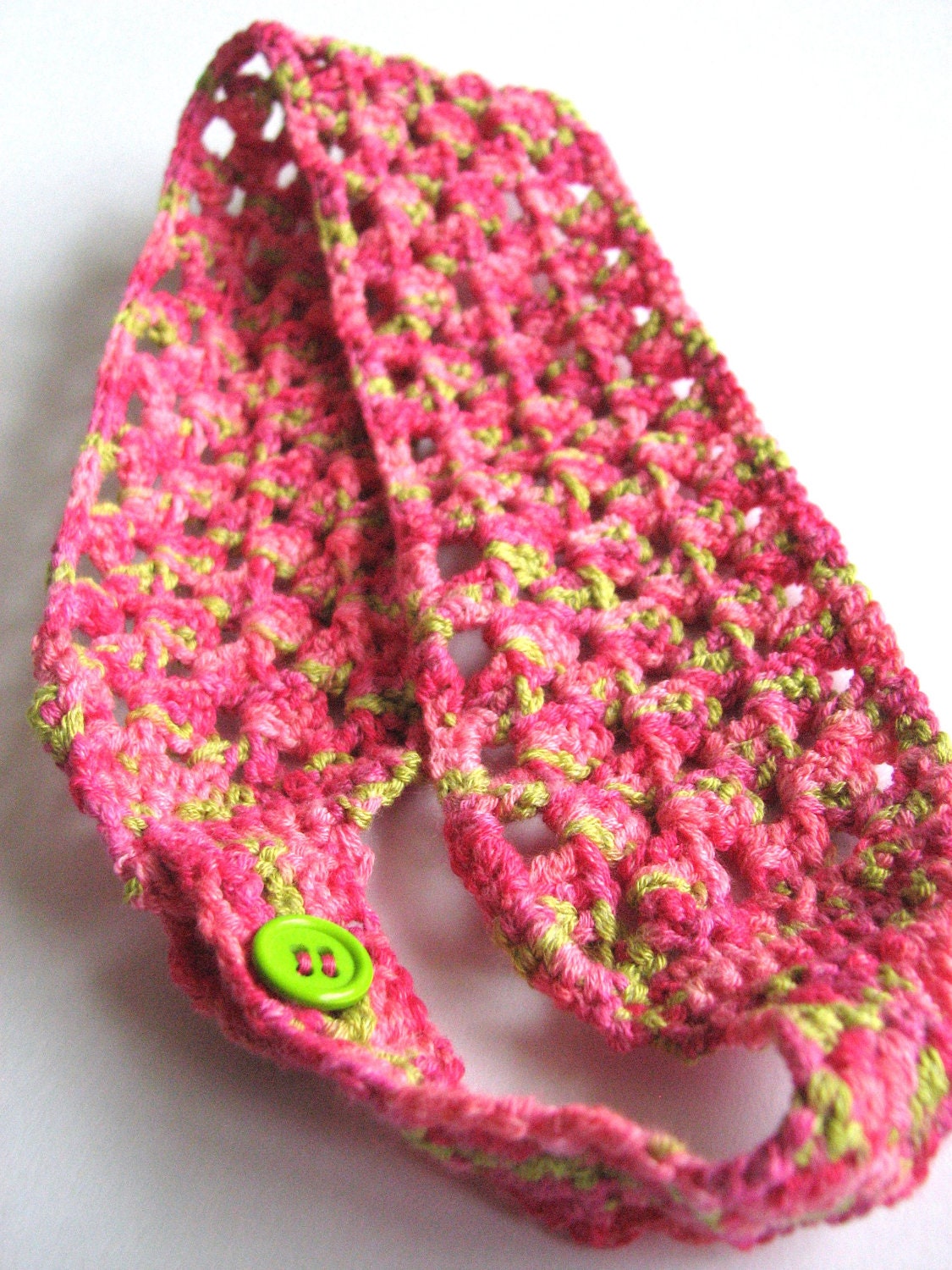 SALE Wide Crochet Hairband, adjustable fit headband, girl to adult, stretchy soft bamboo cotton yarn, Strawberry pink Lime green, UK seller