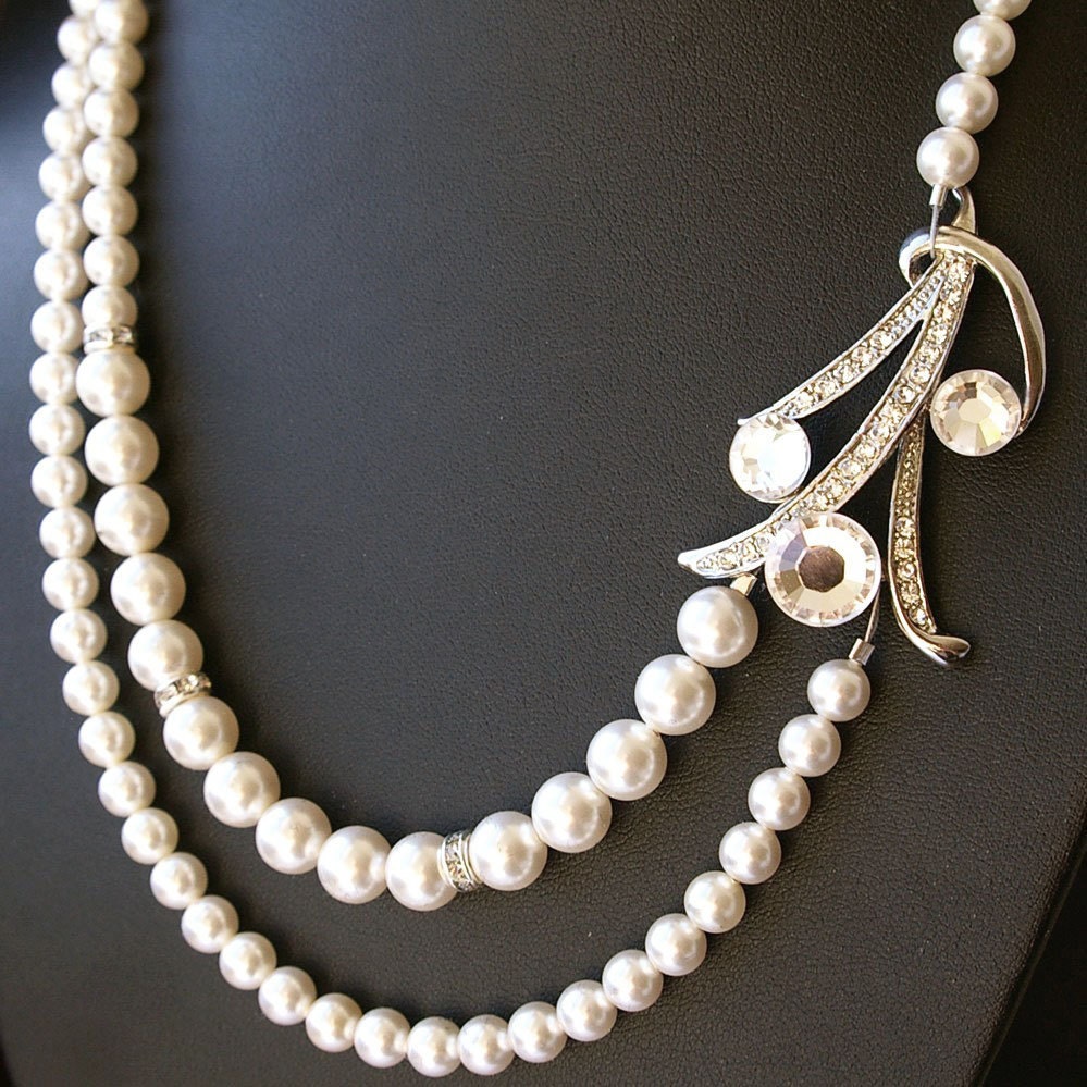 Art Deco Style Bridal Necklace, Wedding Jewelry, Pearl Bridal Jewelry, Old Hollywood Glamour,  Ivory White Pearl Wedding Necklace, DITA