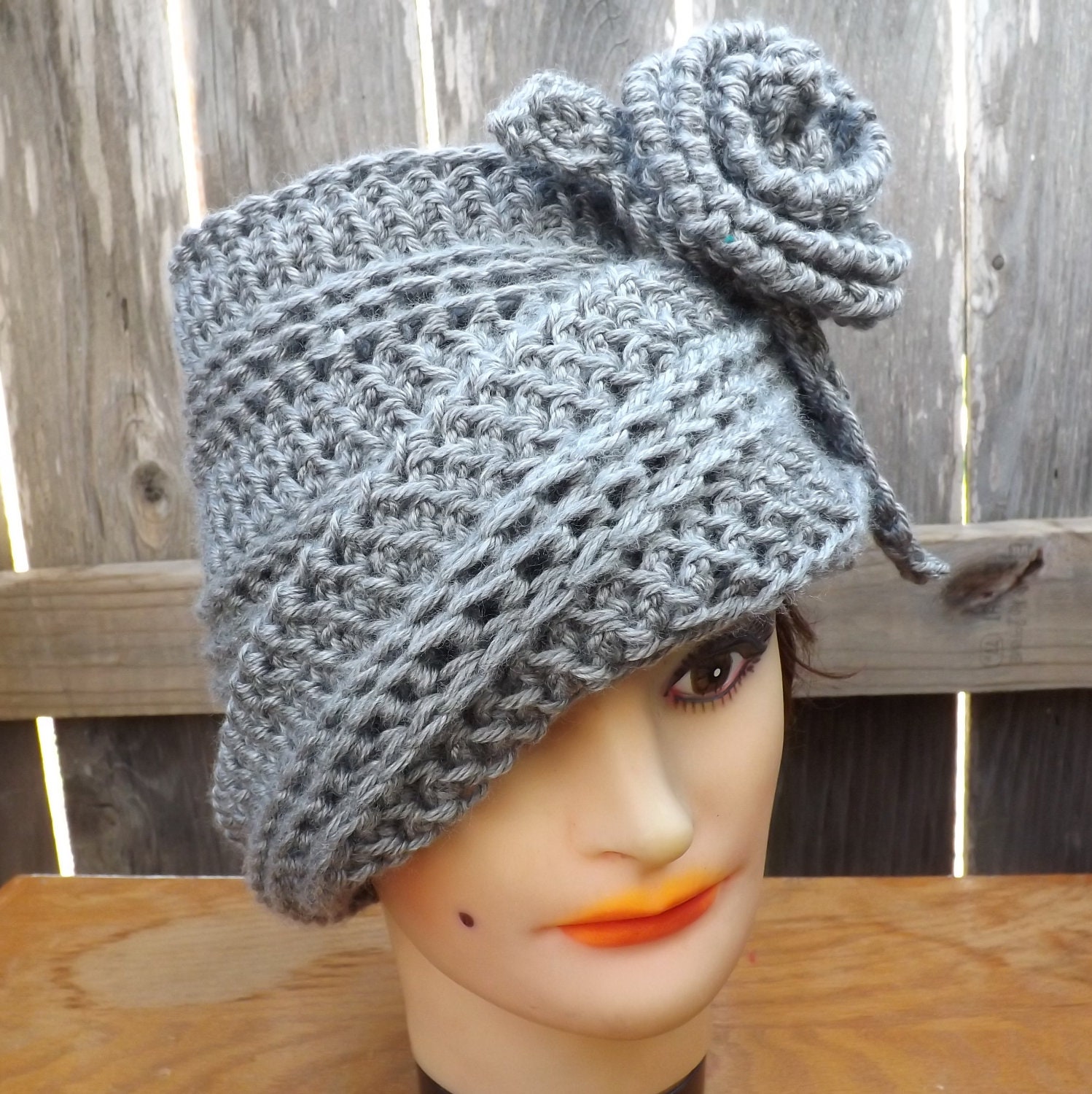 Crochet Hat Women Hat - OMBRETTA Cloche Hat in Gray with Flower - Womens Crochet Cloche Hat - Crochet Womens Hat - Custom Order