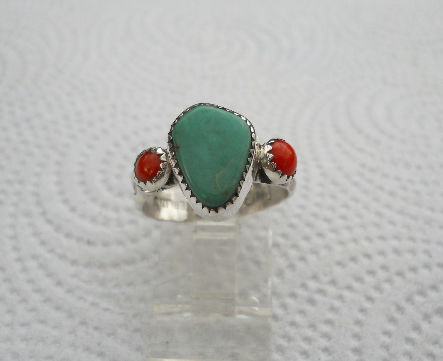 Kingman Turquoise and coral sterling silver ring size 8  1/2  Choctaw Native American Indian made