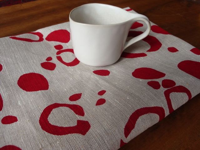 banksia pod red 100% linen tea towel - oatmeal (hand printed)