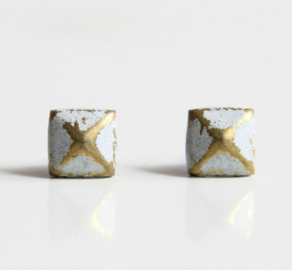 White Patina Verdigris Geometric Pyramid Metal Stud Earrings. Surgical Steel Earrings Post. Gift for Her