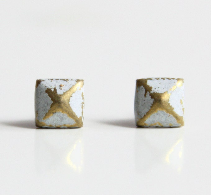 White Patina Verdigris Geometric Pyramid Metal Stud Earrings. Surgical Steel Earrings Post. Gift for Her