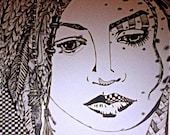 Illustration woman face pensive feathers in her hair black and white  Art Prints by Mary Vogel Lozinak      srajd zentangle zen tangle 14x10
