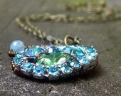Blue Weiss Rhinestone and Antiqued Brass Ecofriendly Necklace
