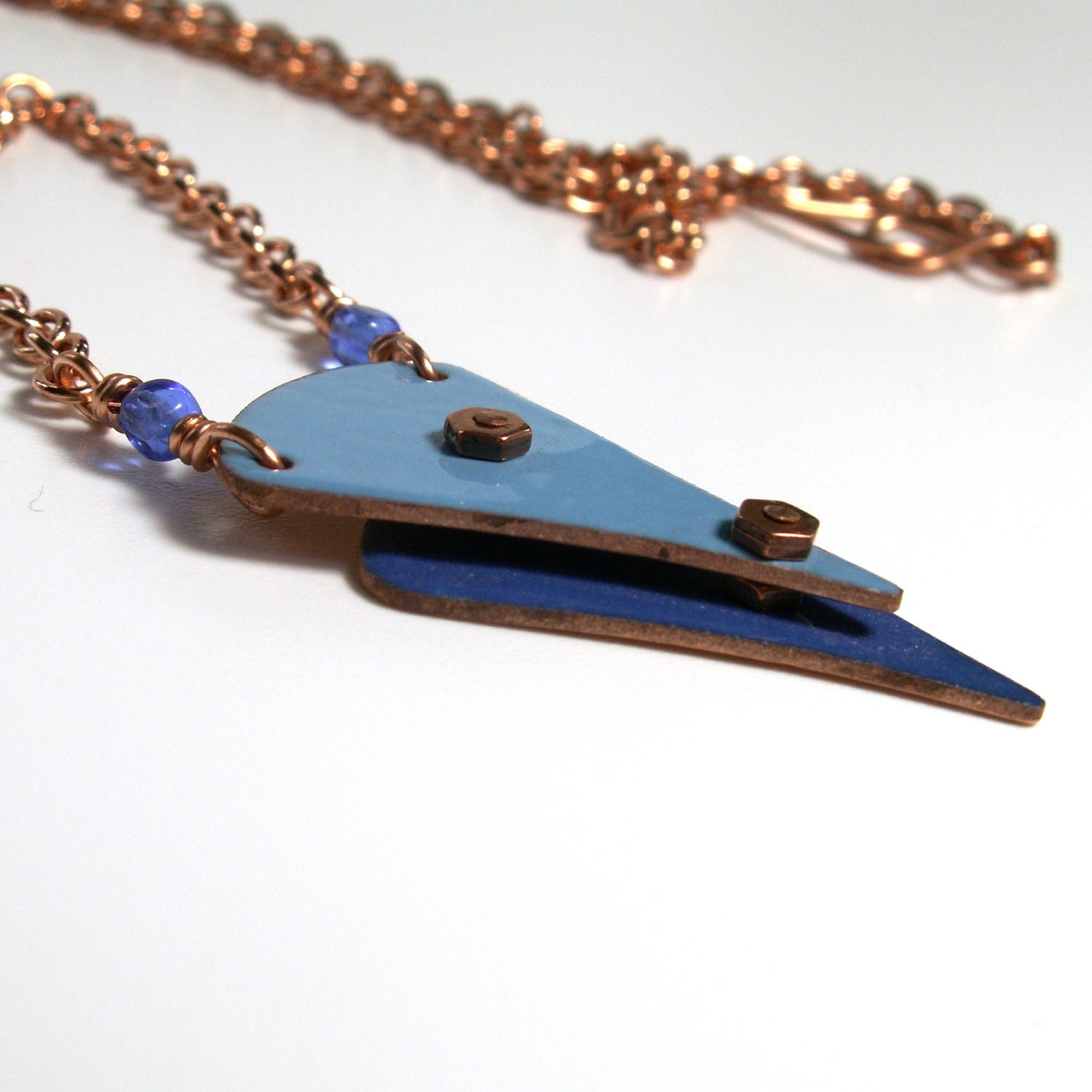 Blue Enamel Necklace . Chevron Jewelry . Copper Chain Necklace