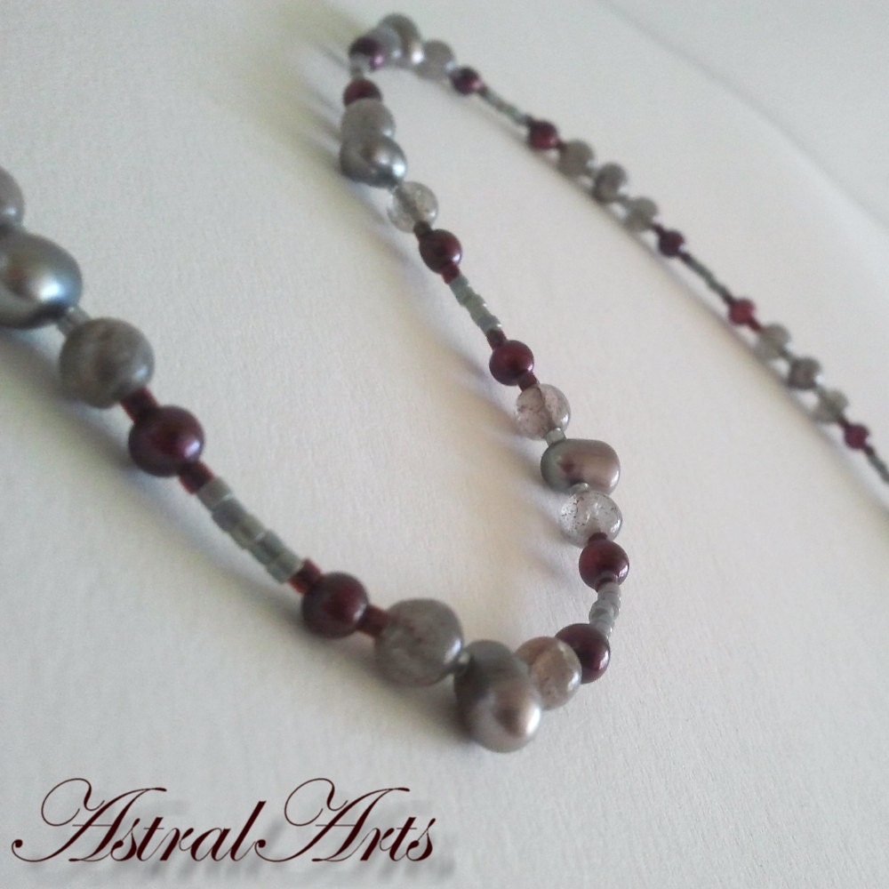 AstralArts- Graphite with Blood Red Pearl & Labradorite Necklace