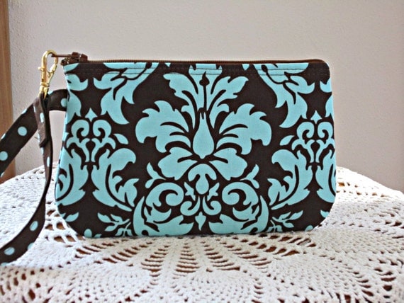 Wristlet Zipper Gadget Purse Pouch in Brown and Turquoise