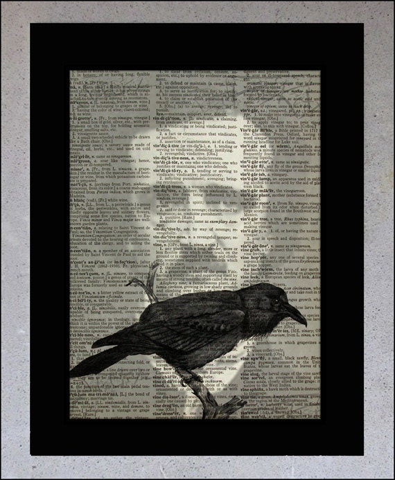 The Raven - Vintage Dictionary  Book Page Print - Upcycled dictionary Book Page - 8x10 Halloween Art, Edgar Allen Poe