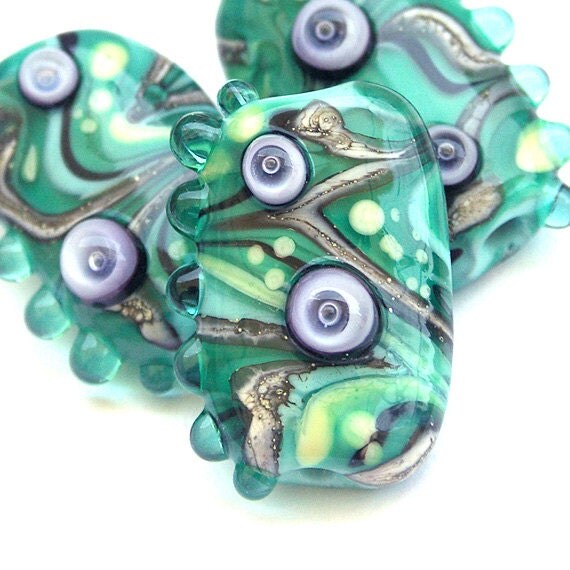Green Marble - Handmade Lampwork Glass Bead Set in Green, Aqua and Lavender (3) OOAK