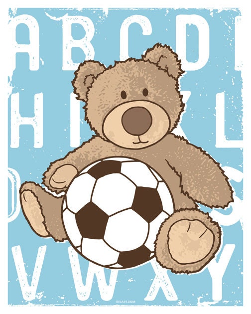 Mother's Day Gift, Baby nursery art, nursery decor, kids art, child print, stuffed animal, bear, soccer, alphabet letters, Blue 8x10 Print